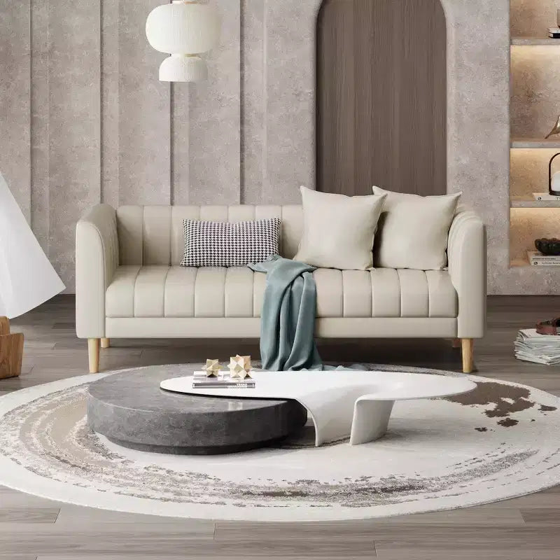 Modern Faux Leather Sofa 83, 3 Seater Deep Seat Couch with Wood Legs, Ergonomic Cushions & 2 Throw Pillows for Living Room, Bedroom or Apartment