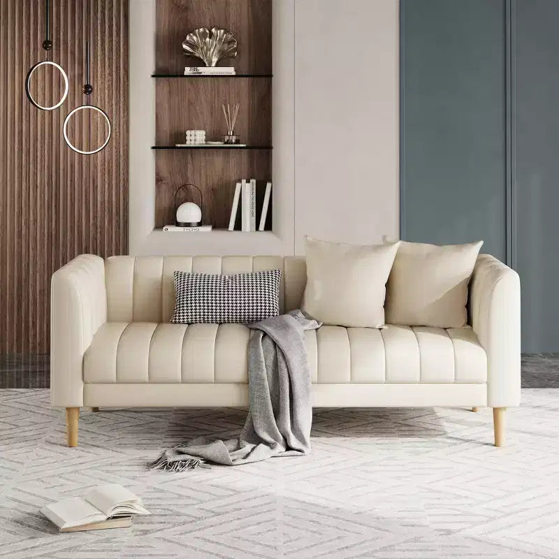 Modern Faux Leather Sofa 83, 3 Seater Deep Seat Couch with Wood Legs, Ergonomic Cushions & 2 Throw Pillows for Living Room, Bedroom or Apartment