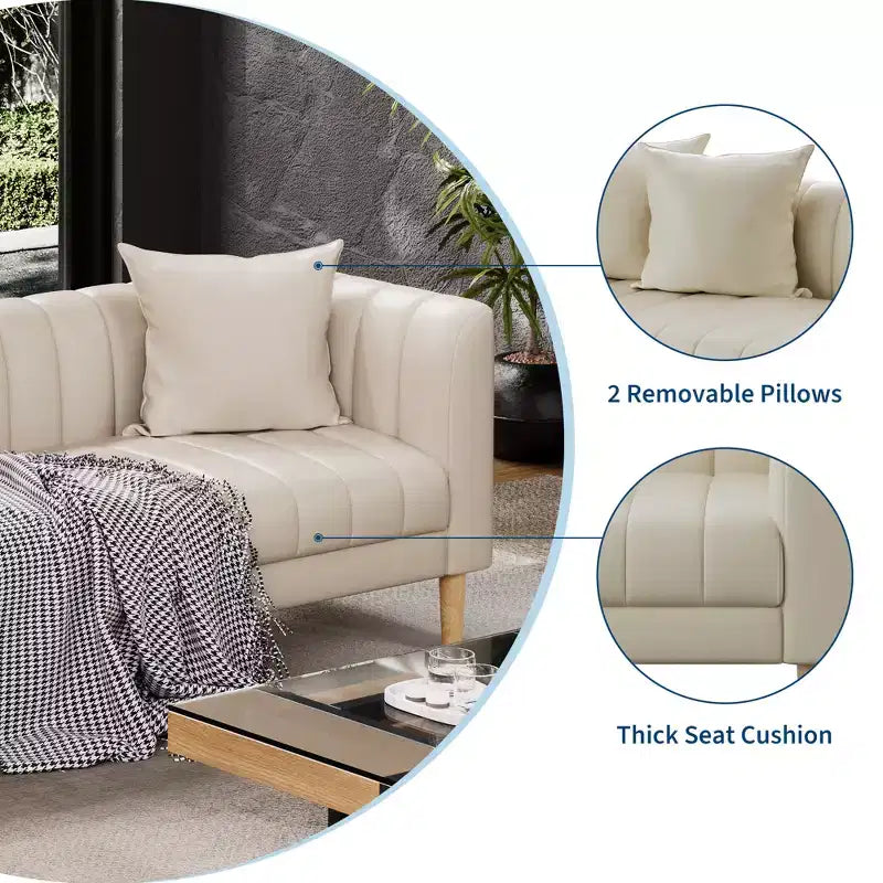 Modern Faux Leather Sofa 83, 3 Seater Deep Seat Couch with Wood Legs, Ergonomic Cushions & 2 Throw Pillows for Living Room, Bedroom or Apartment