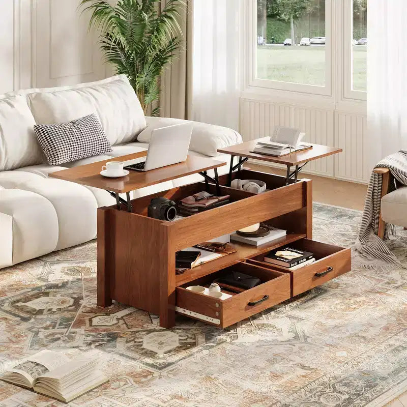 Lift Top Coffee Table with 2 Drawers & Hidden Storage, Convertible Wooden Table for Living Room Home Office