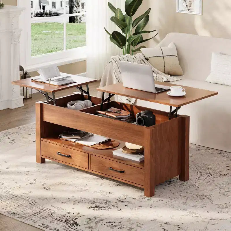 Lift Top Coffee Table with 2 Drawers & Hidden Storage, Convertible Wooden Table for Living Room Home Office