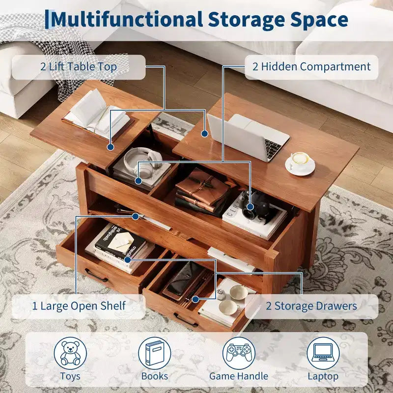 Lift Top Coffee Table with 2 Drawers & Hidden Storage, Convertible Wooden Table for Living Room Home Office