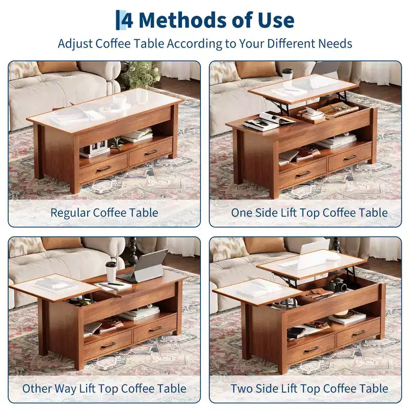 Lift Top Coffee Table with 2 Drawers & Hidden Storage, Convertible Wooden Table for Living Room Home Office