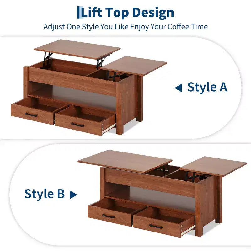 Lift Top Coffee Table with 2 Drawers & Hidden Storage, Convertible Wooden Table for Living Room Home Office