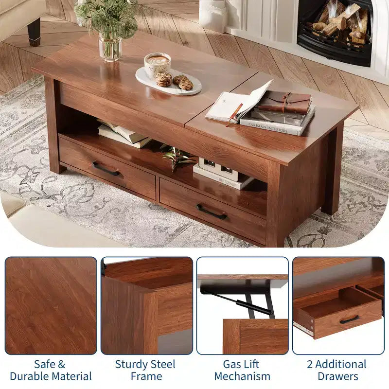 Lift Top Coffee Table with 2 Drawers & Hidden Storage, Convertible Wooden Table for Living Room Home Office