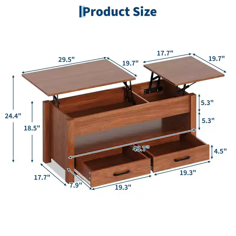 Lift Top Coffee Table with 2 Drawers & Hidden Storage, Convertible Wooden Table for Living Room Home Office