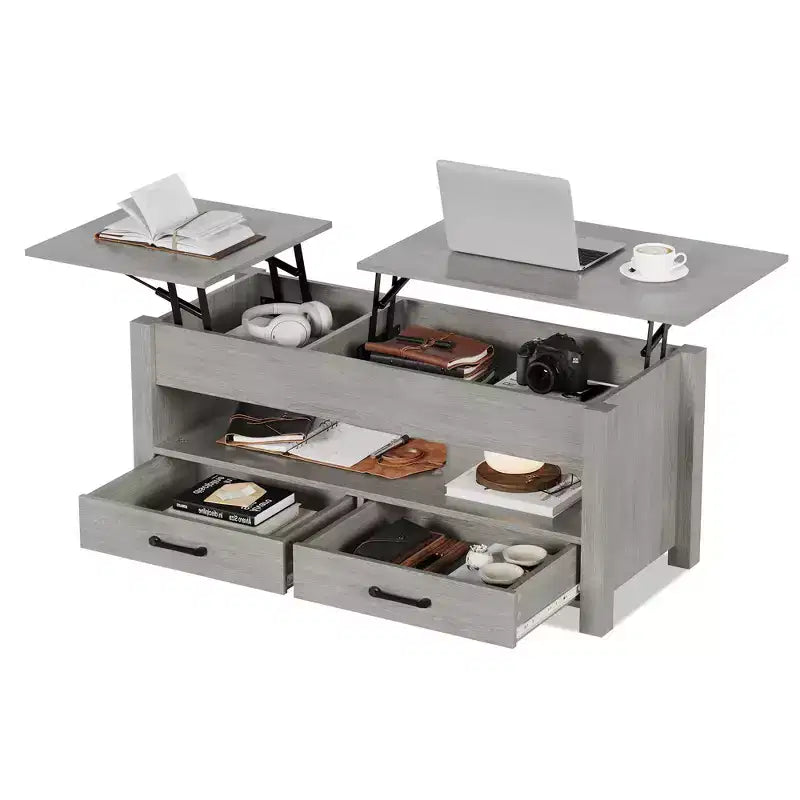 Lift Top Coffee Table with 2 Drawers & Hidden Storage, Convertible Wooden Table for Living Room Home Office