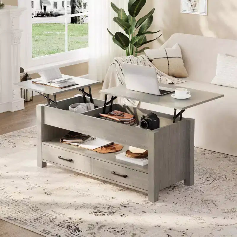 Lift Top Coffee Table with 2 Drawers & Hidden Storage, Convertible Wooden Table for Living Room Home Office