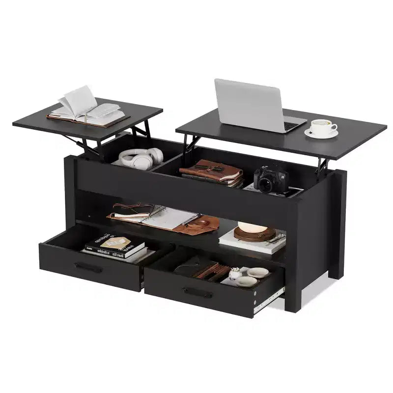 Lift Top Coffee Table with 2 Drawers & Hidden Storage, Convertible Wooden Table for Living Room Home Office