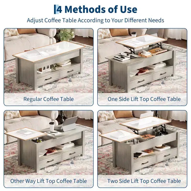 Lift Top Coffee Table with 2 Drawers & Hidden Storage, Convertible Wooden Table for Living Room Home Office