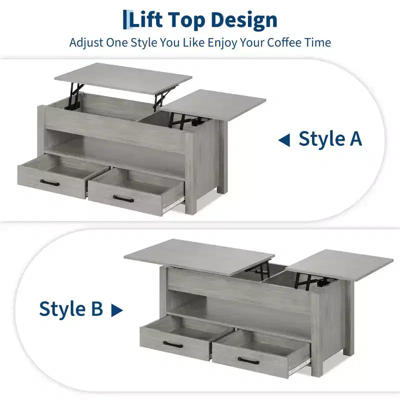 Lift Top Coffee Table with 2 Drawers & Hidden Storage, Convertible Wooden Table for Living Room Home Office