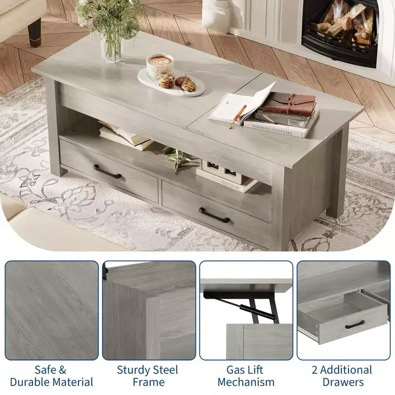 Lift Top Coffee Table with 2 Drawers & Hidden Storage, Convertible Wooden Table for Living Room Home Office