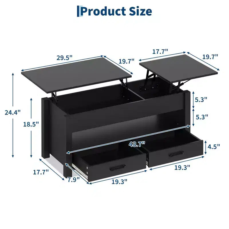 Lift Top Coffee Table with 2 Drawers & Hidden Storage, Convertible Wooden Table for Living Room Home Office