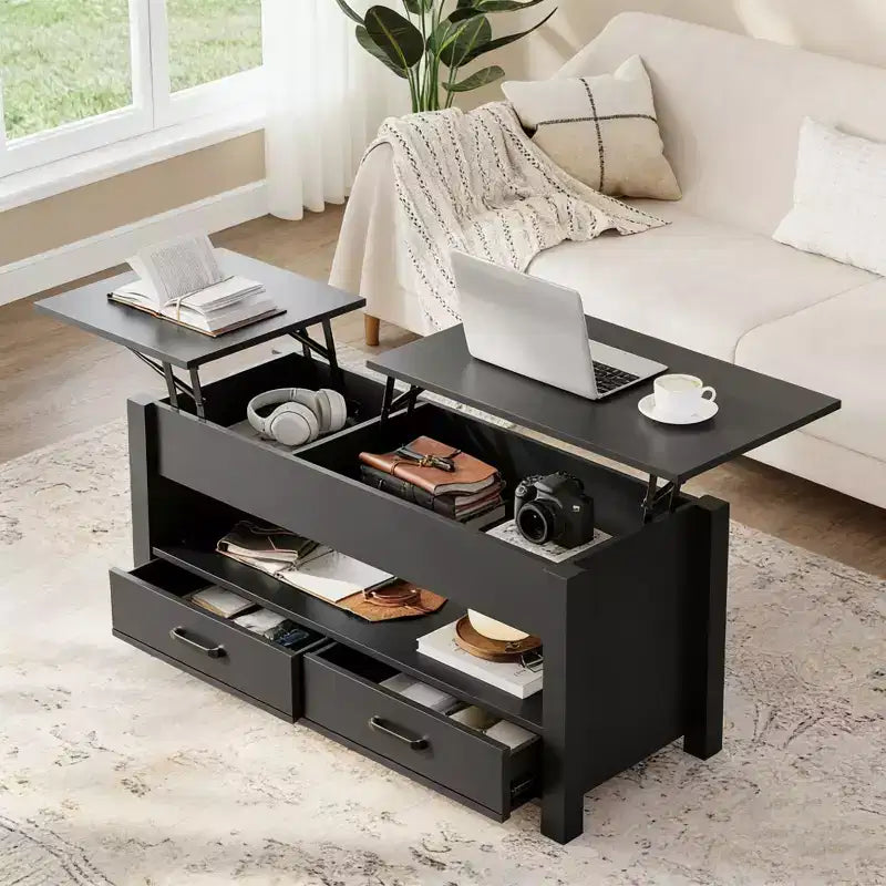 Lift Top Coffee Table with 2 Drawers & Hidden Storage, Convertible Wooden Table for Living Room Home Office