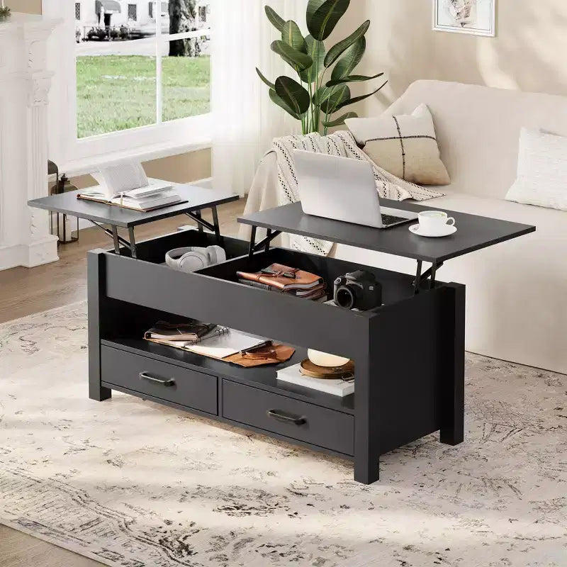 Lift Top Coffee Table with 2 Drawers & Hidden Storage, Convertible Wooden Table for Living Room Home Office