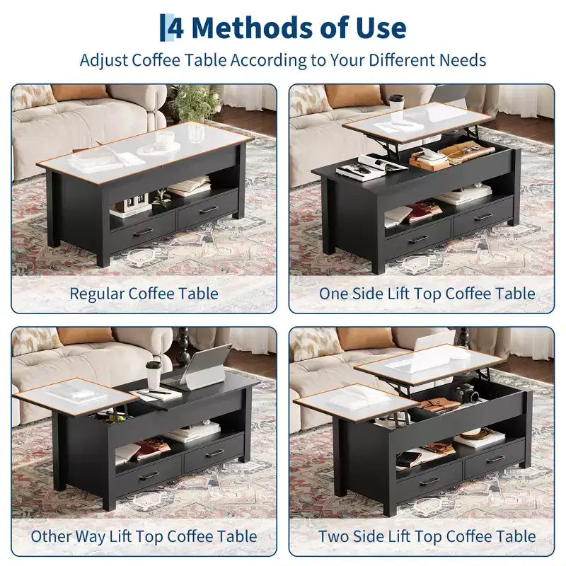 Lift Top Coffee Table with 2 Drawers & Hidden Storage, Convertible Wooden Table for Living Room Home Office