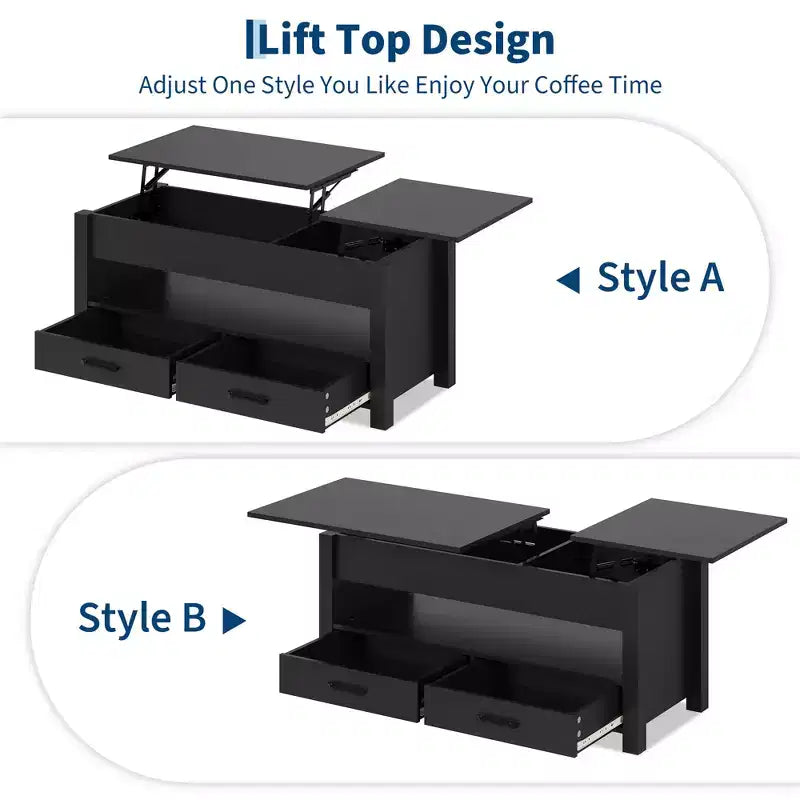 Lift Top Coffee Table with 2 Drawers & Hidden Storage, Convertible Wooden Table for Living Room Home Office