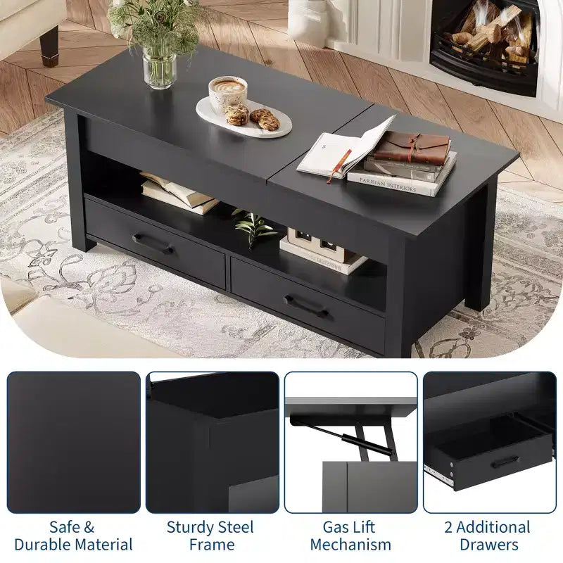 Lift Top Coffee Table with 2 Drawers & Hidden Storage, Convertible Wooden Table for Living Room Home Office