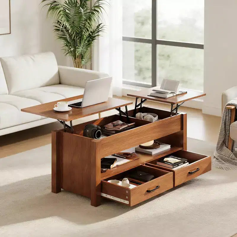 Lift Top Coffee Table with 2 Drawers & Hidden Storage, Convertible Wooden Table for Living Room Home Office