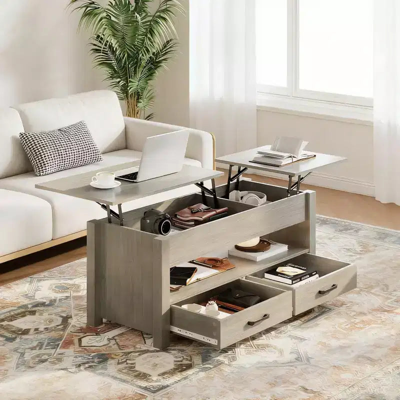 Lift Top Coffee Table with 2 Drawers & Hidden Storage, Convertible Wooden Table for Living Room Home Office