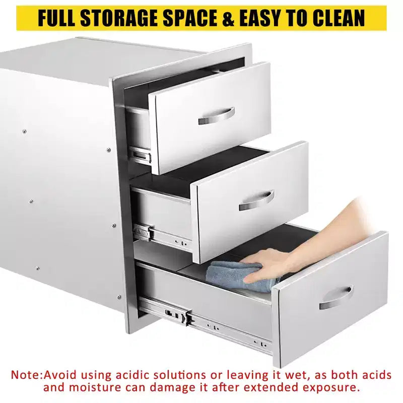 3-Tier Outdoor Kitchen Drawers Stainless Steel BBQ Drawer, 14 W x 23D x 21H, Enclosed Box Frame Style Flush Mount w/ Handle