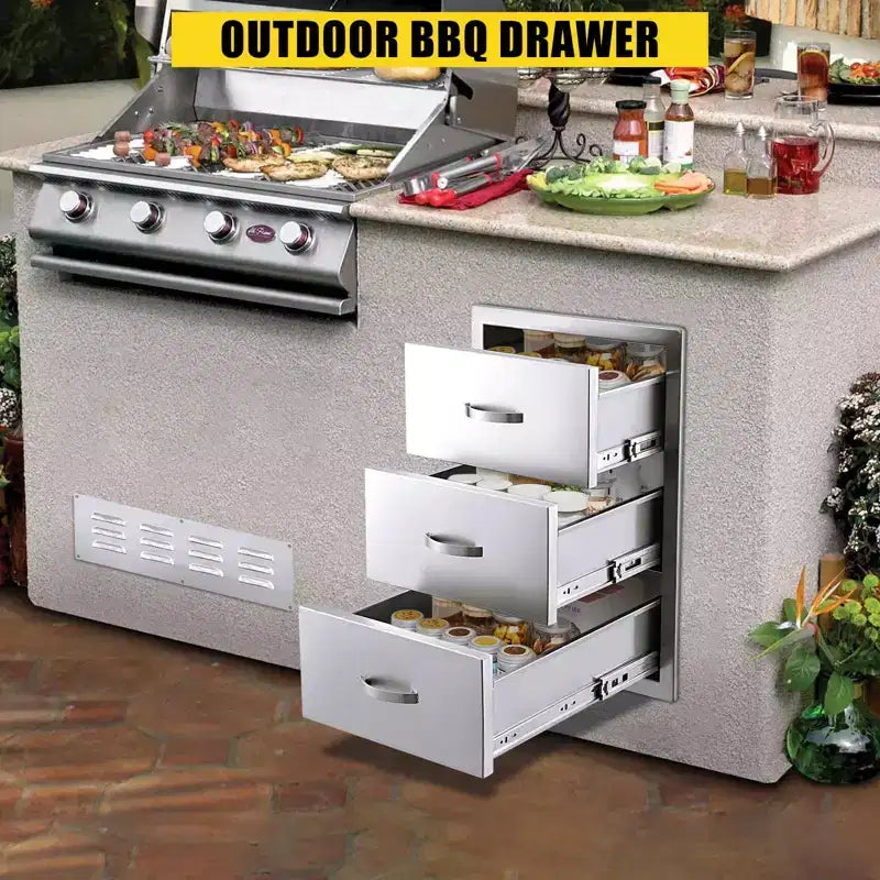 3-Tier Outdoor Kitchen Drawers Stainless Steel BBQ Drawer, 14 W x 23D x 21H, Enclosed Box Frame Style Flush Mount w/ Handle