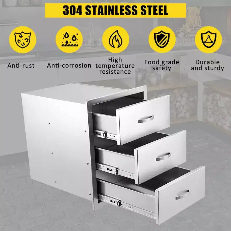 3-Tier Outdoor Kitchen Drawers Stainless Steel BBQ Drawer, 14 W x 23D x 21H, Enclosed Box Frame Style Flush Mount w/ Handle