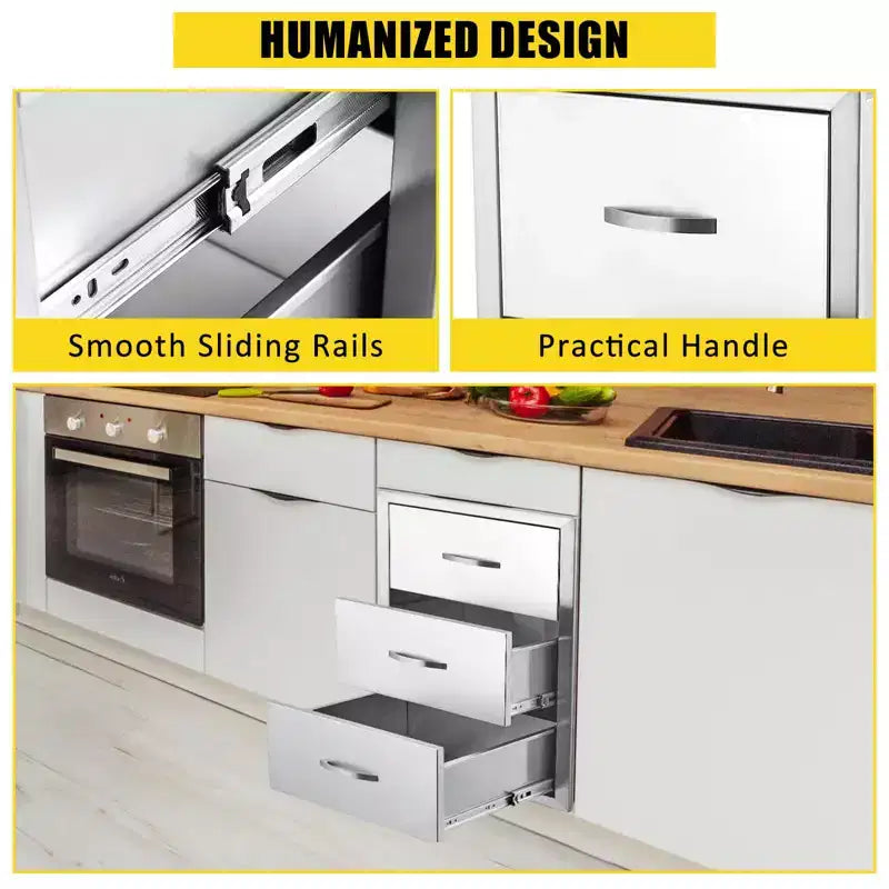 3-Tier Outdoor Kitchen Drawers Stainless Steel BBQ Drawer, 14 W x 23D x 21H, Enclosed Box Frame Style Flush Mount w/ Handle