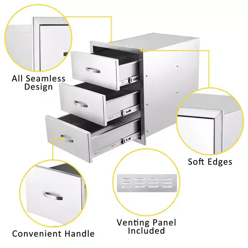 3-Tier Outdoor Kitchen Drawers Stainless Steel BBQ Drawer, 14 W x 23D x 21H, Enclosed Box Frame Style Flush Mount w/ Handle
