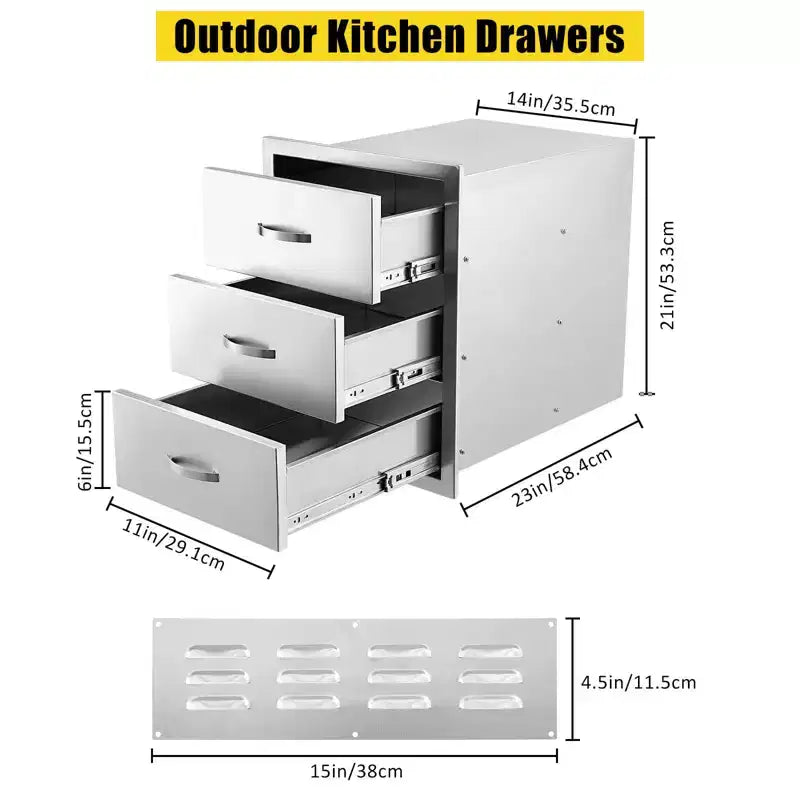 3-Tier Outdoor Kitchen Drawers Stainless Steel BBQ Drawer, 14 W x 23D x 21H, Enclosed Box Frame Style Flush Mount w/ Handle