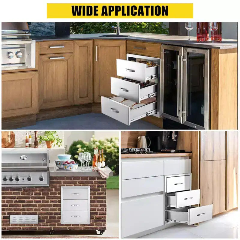 3-Tier Outdoor Kitchen Drawers Stainless Steel BBQ Drawer, 14 W x 23D x 21H, Enclosed Box Frame Style Flush Mount w/ Handle