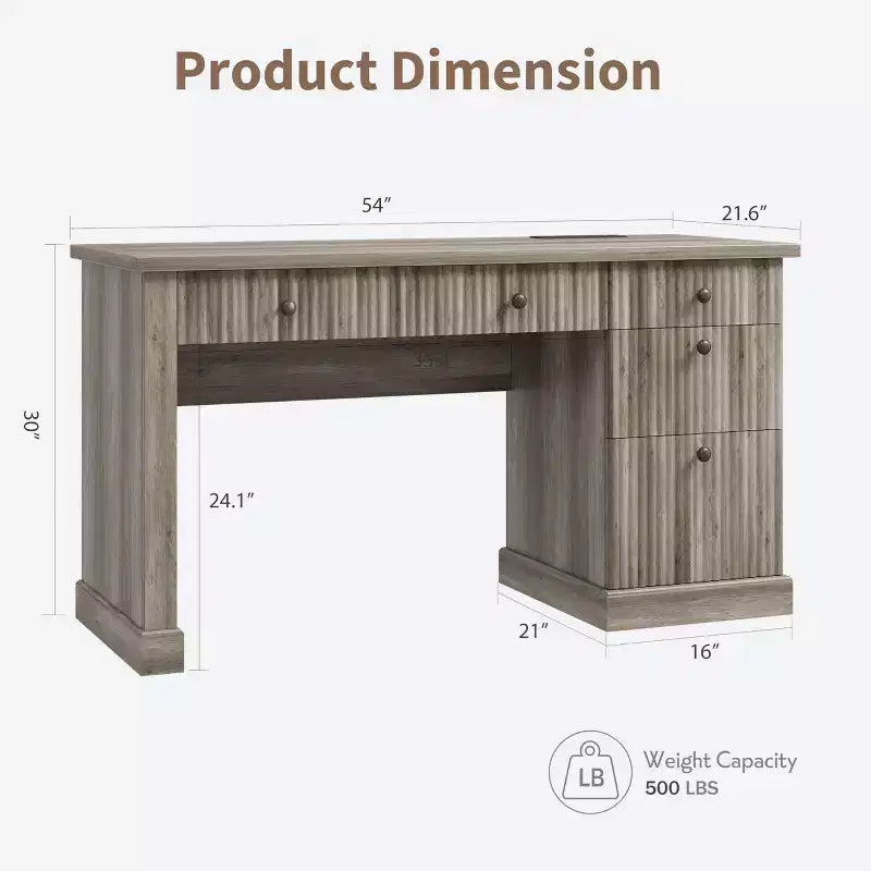 54'' Fluted Home Office Desk with Drawers and Built-In USB Charging, Modern Writing Desk for Study Room