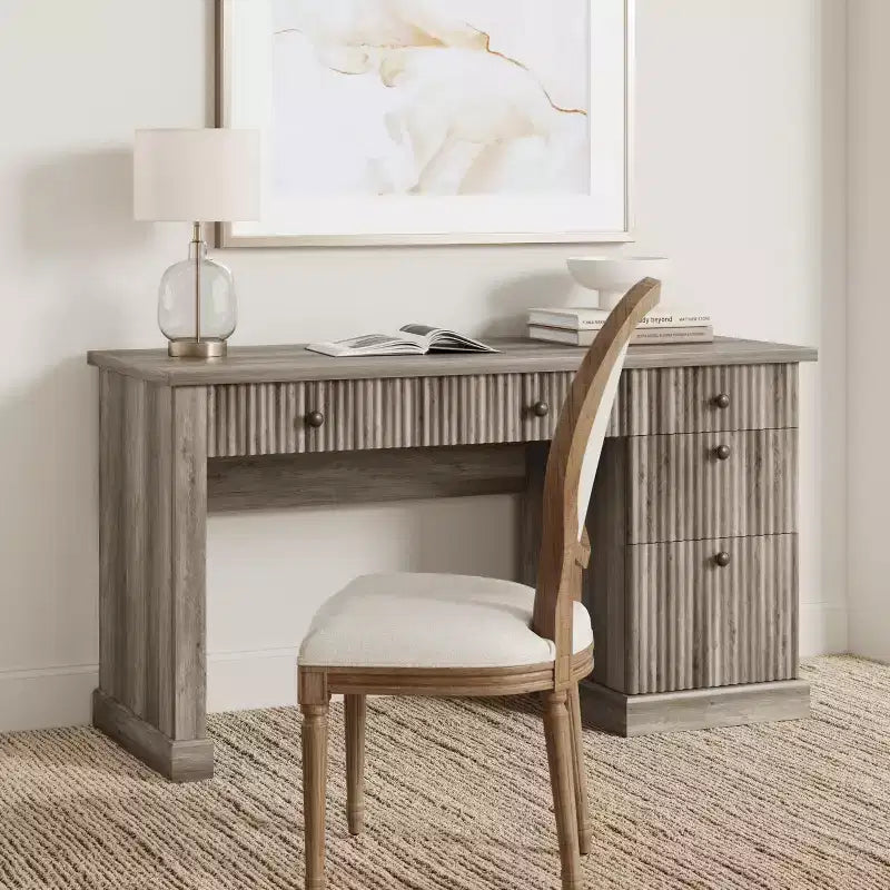 54'' Fluted Home Office Desk with Drawers and Built-In USB Charging, Modern Writing Desk for Study Room
