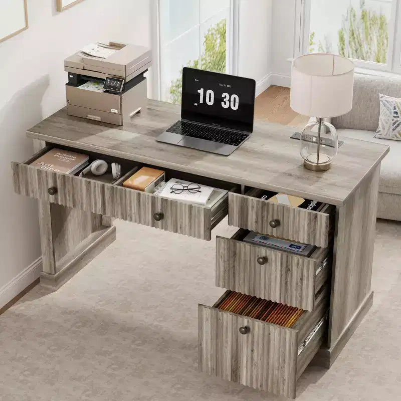 54'' Fluted Home Office Desk with Drawers and Built-In USB Charging, Modern Writing Desk for Study Room