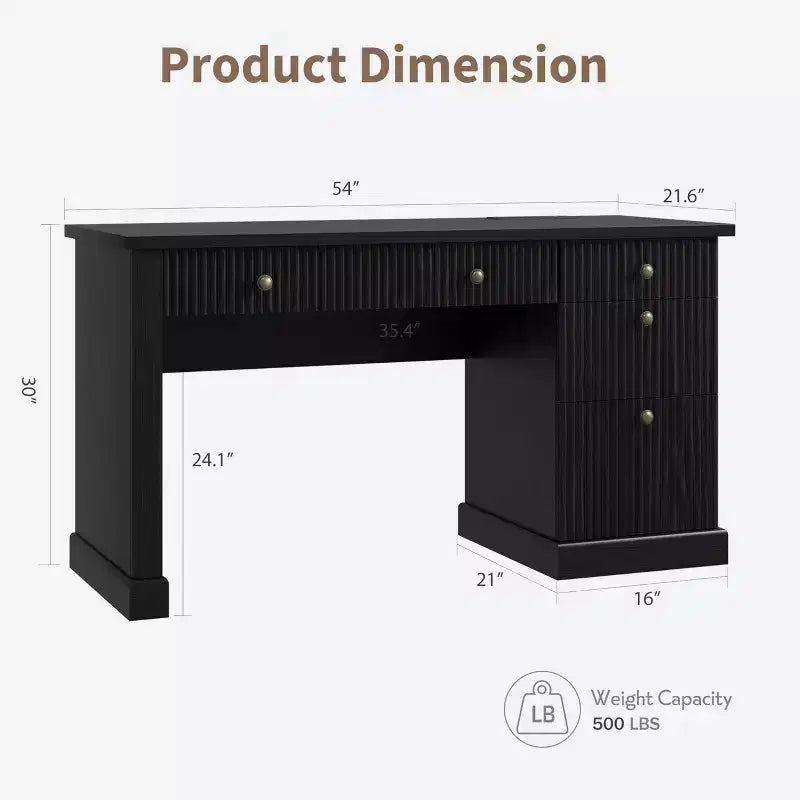 54'' Fluted Home Office Desk with Drawers and Built-In USB Charging, Modern Writing Desk for Study Room