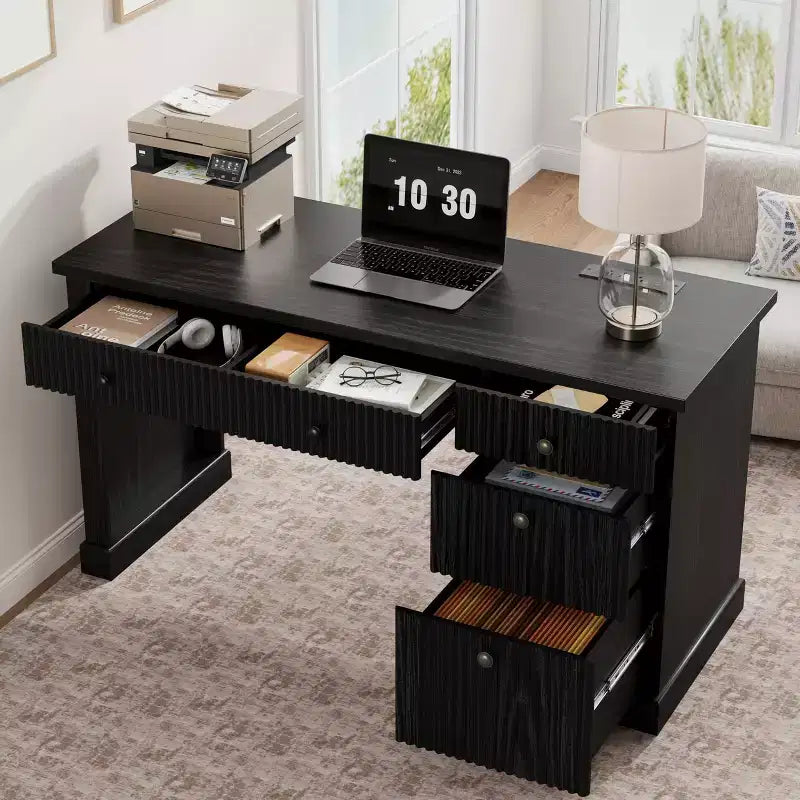 54'' Fluted Home Office Desk with Drawers and Built-In USB Charging, Modern Writing Desk for Study Room