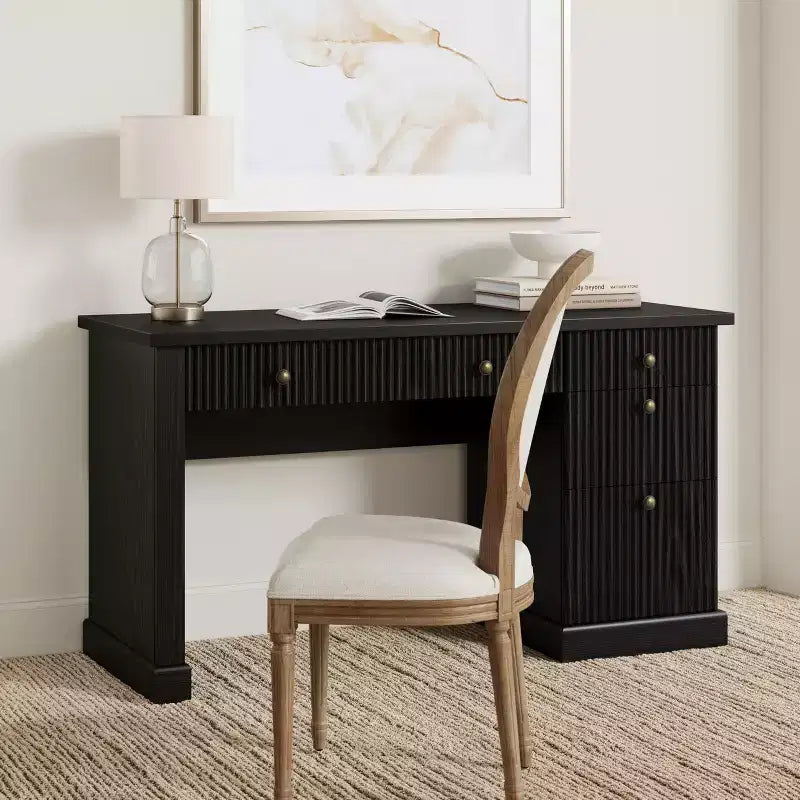 54'' Fluted Home Office Desk with Drawers and Built-In USB Charging, Modern Writing Desk for Study Room