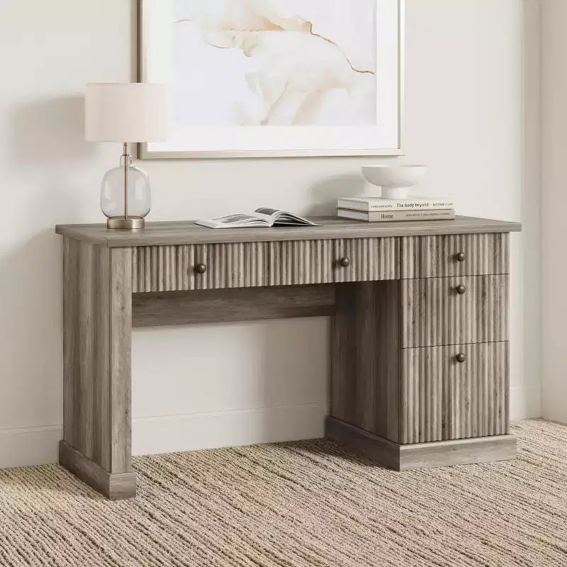 54'' Fluted Home Office Desk with Drawers and Built-In USB Charging, Modern Writing Desk for Study Room