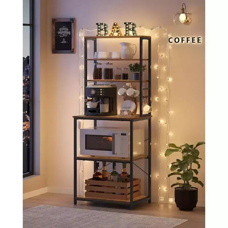 Étagère de boulanger pour micro-ondes, étagère haute de rangement utilitaire de cuisine avec 6 crochets et cadre métallique