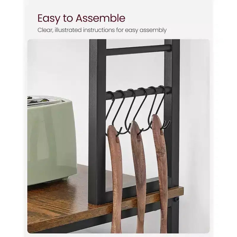 Étagère de boulanger pour micro-ondes, étagère haute de rangement utilitaire de cuisine avec 6 crochets et cadre métallique