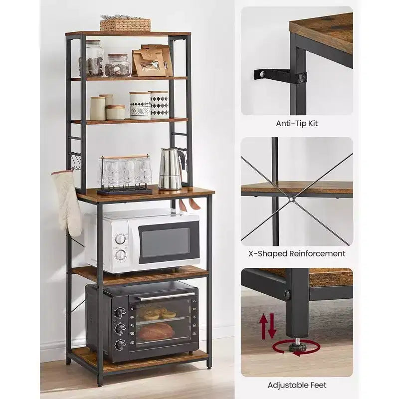 Étagère de boulanger pour micro-ondes, étagère haute de rangement utilitaire de cuisine avec 6 crochets et cadre métallique