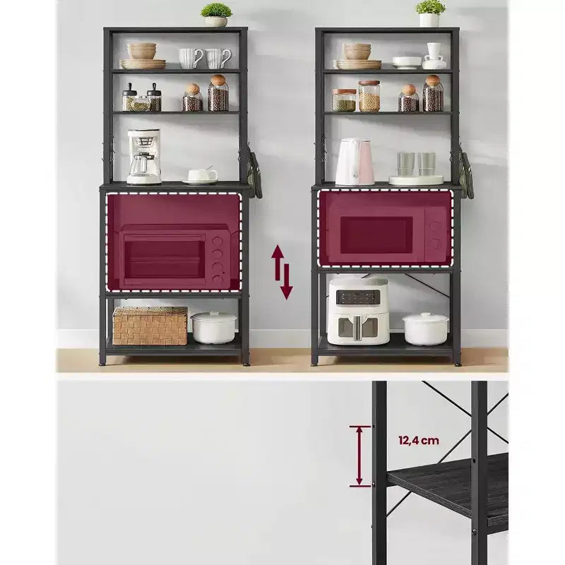 Étagère de boulanger pour micro-ondes, étagère haute de rangement utilitaire de cuisine avec 6 crochets et cadre métallique
