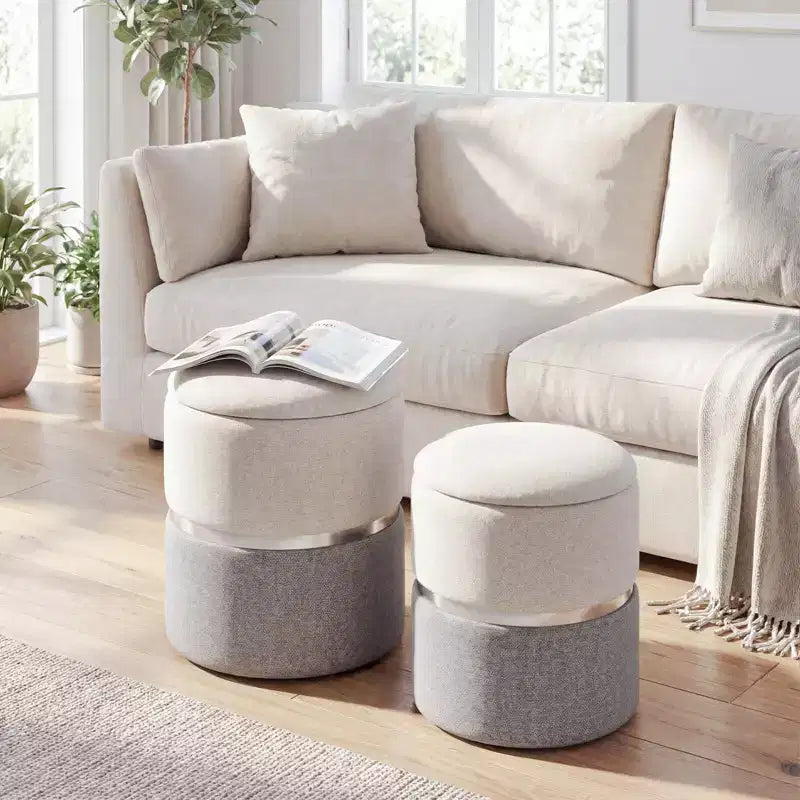 Costway Linen Fabric Storage Ottoman Set of 2 Modern Round Ottoman with Storage for Bedroom
