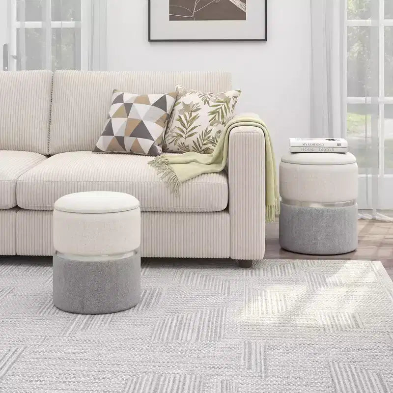 Costway Linen Fabric Storage Ottoman Set of 2 Modern Round Ottoman with Storage for Bedroom