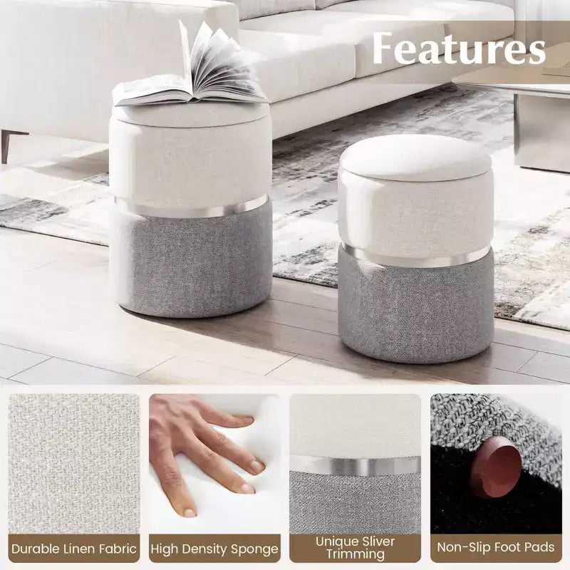 Costway Linen Fabric Storage Ottoman Set of 2 Modern Round Ottoman with Storage for Bedroom