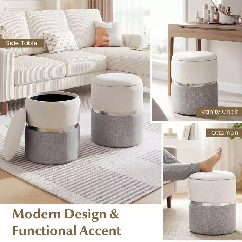 Costway Linen Fabric Storage Ottoman Set of 2 Modern Round Ottoman with Storage for Bedroom