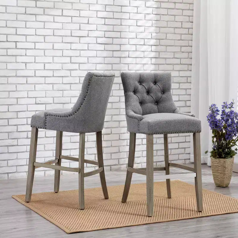 Tabouret de bar à oreilles capitonné en lin avec boutons (lot de 2), gris