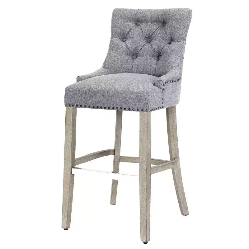 Tabouret de bar à oreilles capitonné en lin avec boutons (lot de 2), gris